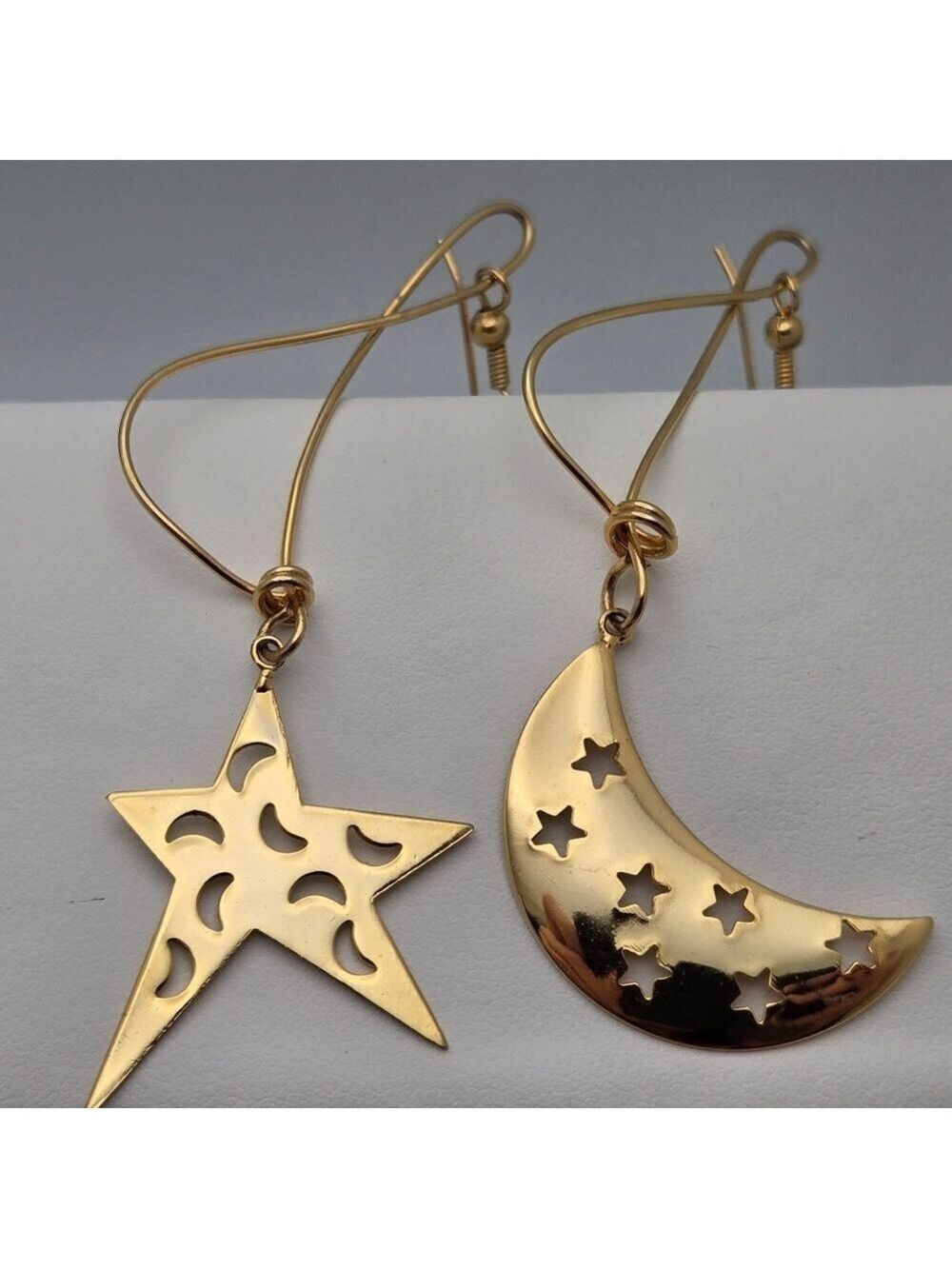 Celestial Star & Moon Mismatched Dangle Earrings Gold Tone Handmade